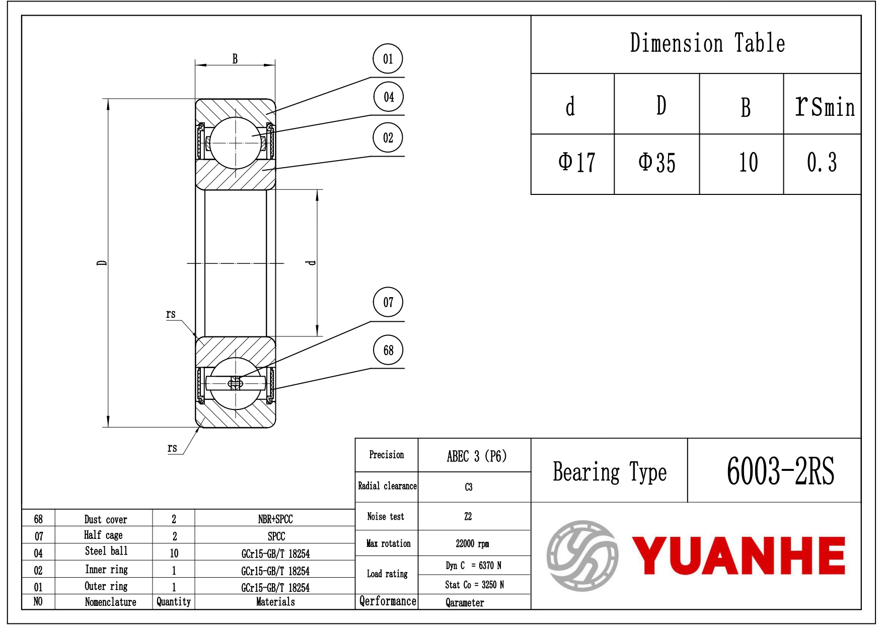 6003-2RS Shielded Ball Bearings - Yuanhe 6003-2RS Shielded Ball Bearings - Yuanhe