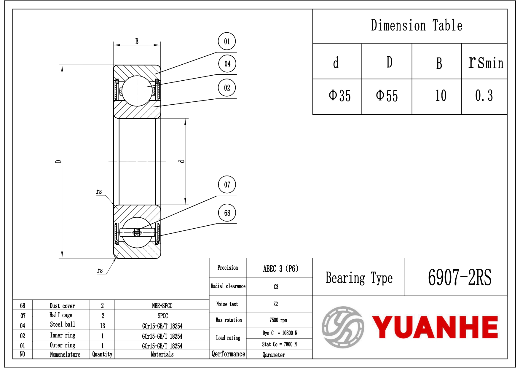 Shielded Ball Bearings 6907-2RS - Yuanhe Shielded Ball Bearings 6907-2RS - Yuanhe