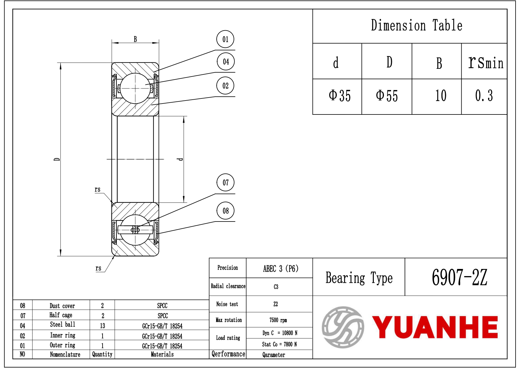 Shielded Ball Bearings 6907-2Z - Yuanhe Shielded Ball Bearings 6907-2Z - Yuanhe