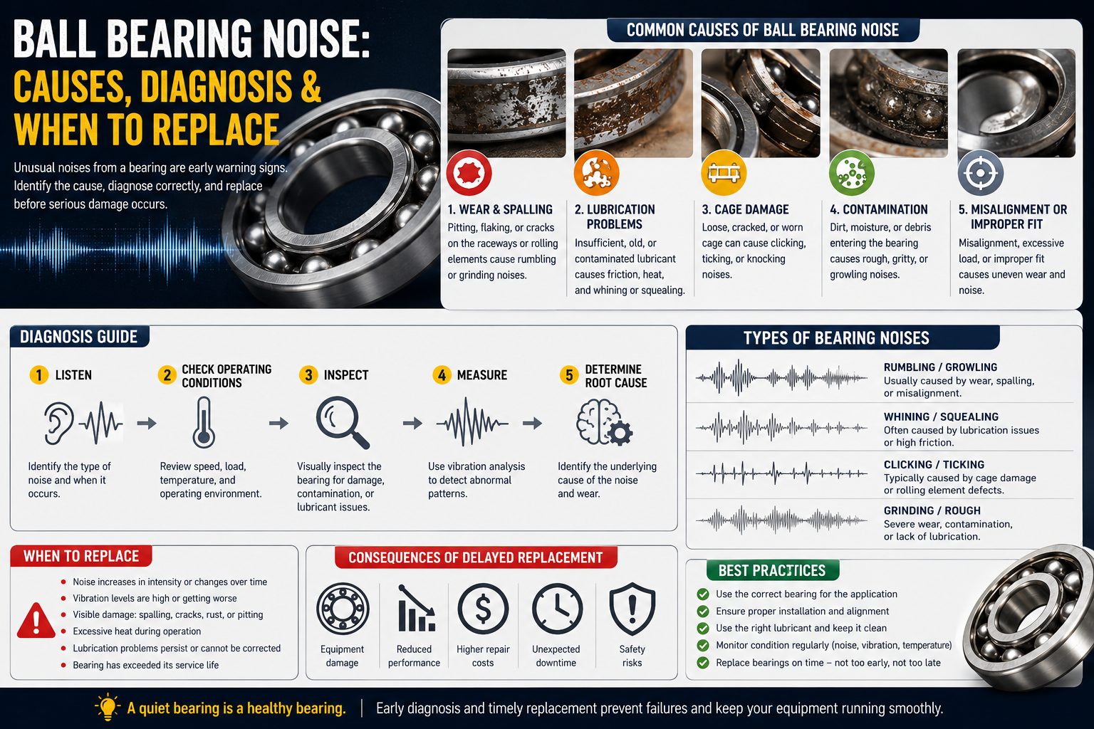 Ball bearing noise vibration spectrum and defect frequency analysis chart
