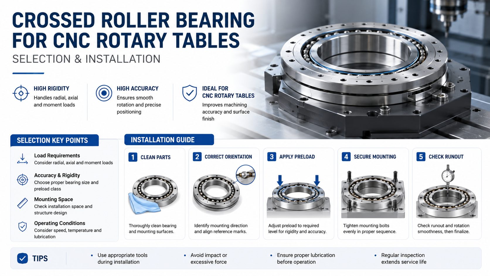 Crossed roller bearing for CNC rotary table structure and installation diagram