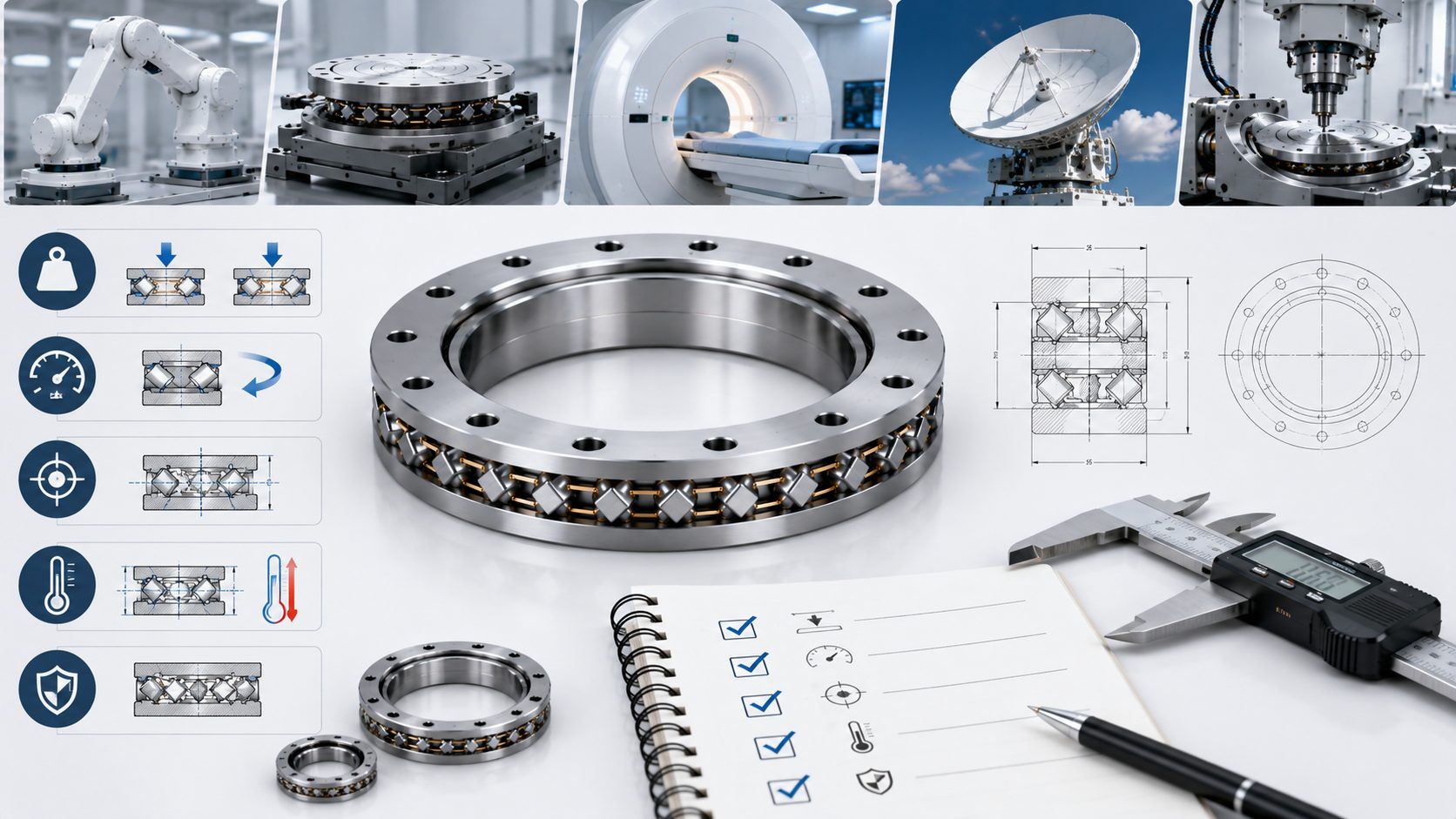 3D render of a crossed roller bearing showing the steel-blue outer ring and bronze cylindrical rollers