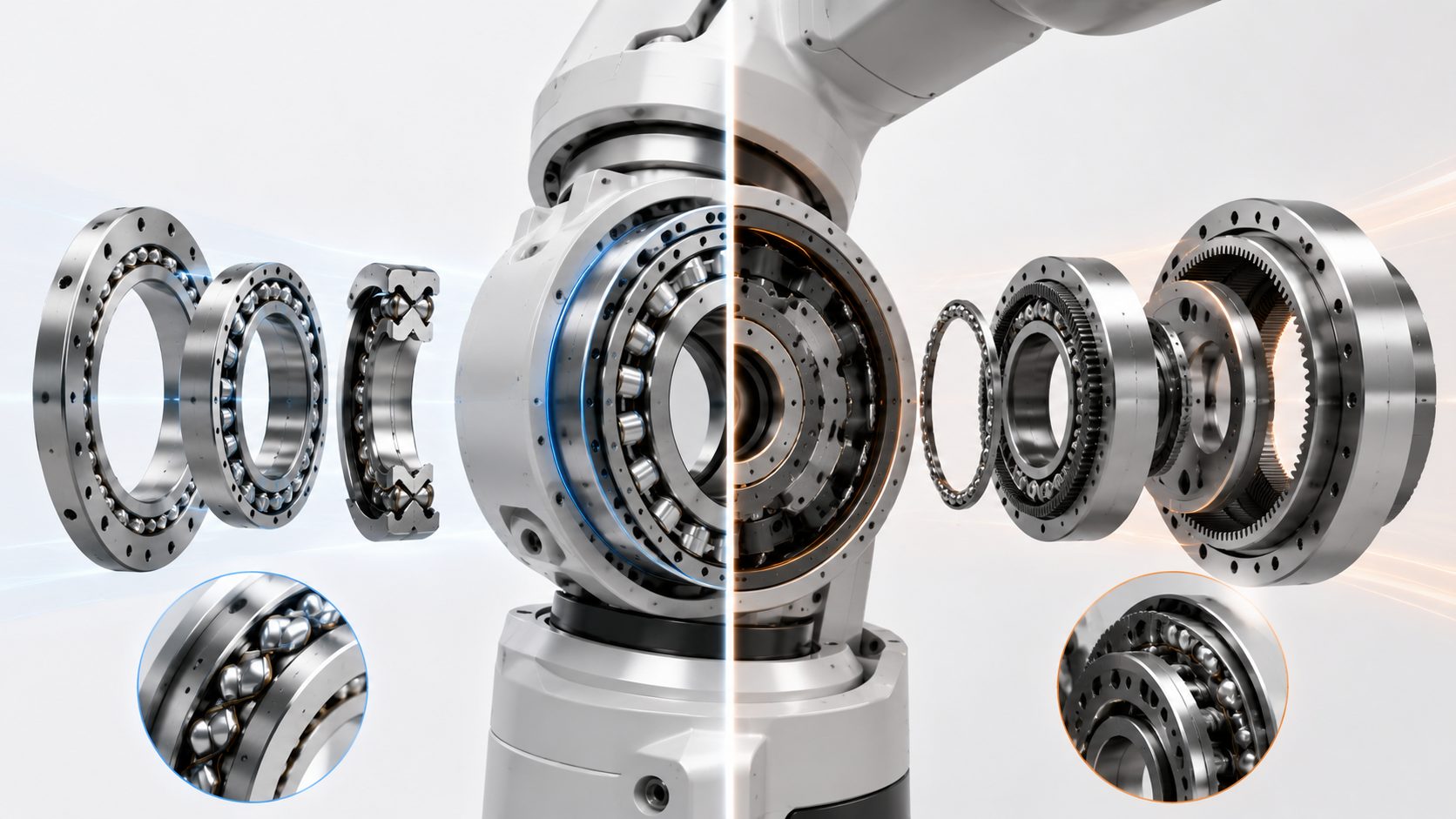 Crossed roller bearing cutaway diagram — V-groove raceway, perpendicular roller arrangement, integrated one-piece ring design