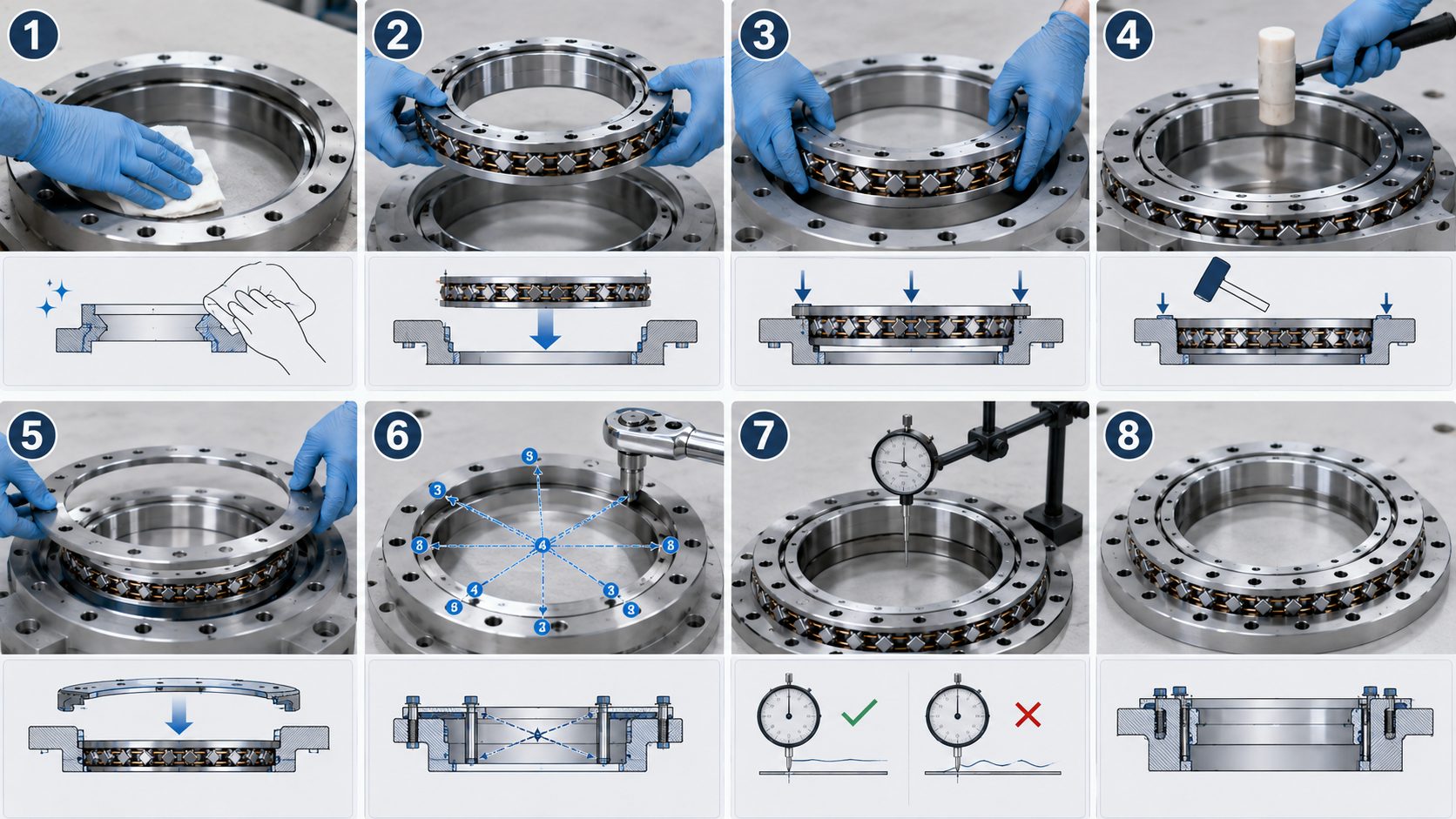 3D render of a crossed roller bearing showing its metallic rings and crossed roller arrangement
