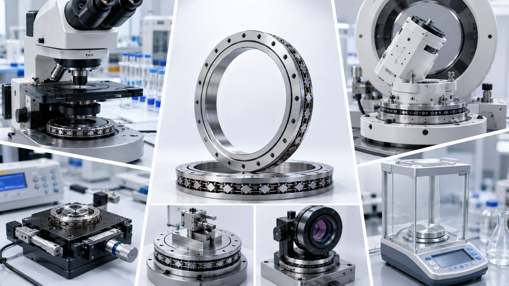 Crossed roller bearings for laboratory and precision instruments showing applications in spectrometers, optical stages, and goniometers