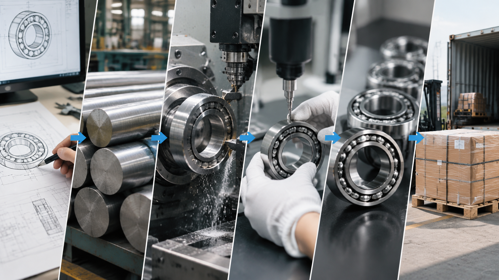 Custom bearing manufacturing process from drawing to delivery: CAD design, bearing steel bar stock, CNC machining, bearing assembly, finished bearing, and export packing