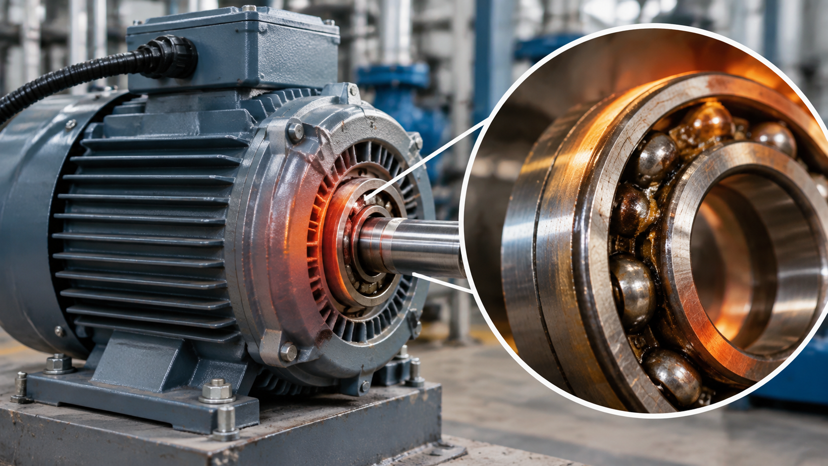 Overheated electric motor with a glowing drive-end bearing housing, and a close-up of a deep groove ball bearing showing darkened grease and heat-discoloured races
