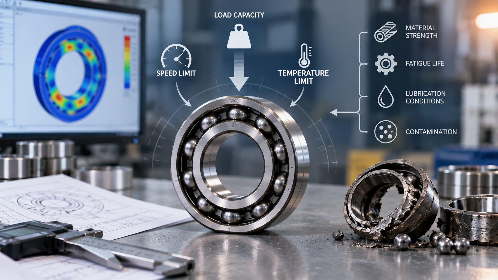 Ball Bearing Load, Speed and Temperature Limits Deep groove ball bearing on a workshop bench with callouts for load capacity, speed limit and temperature limit, a stress analysis screen and calipers beside it, and a failed corroded bearing with spilled steel balls