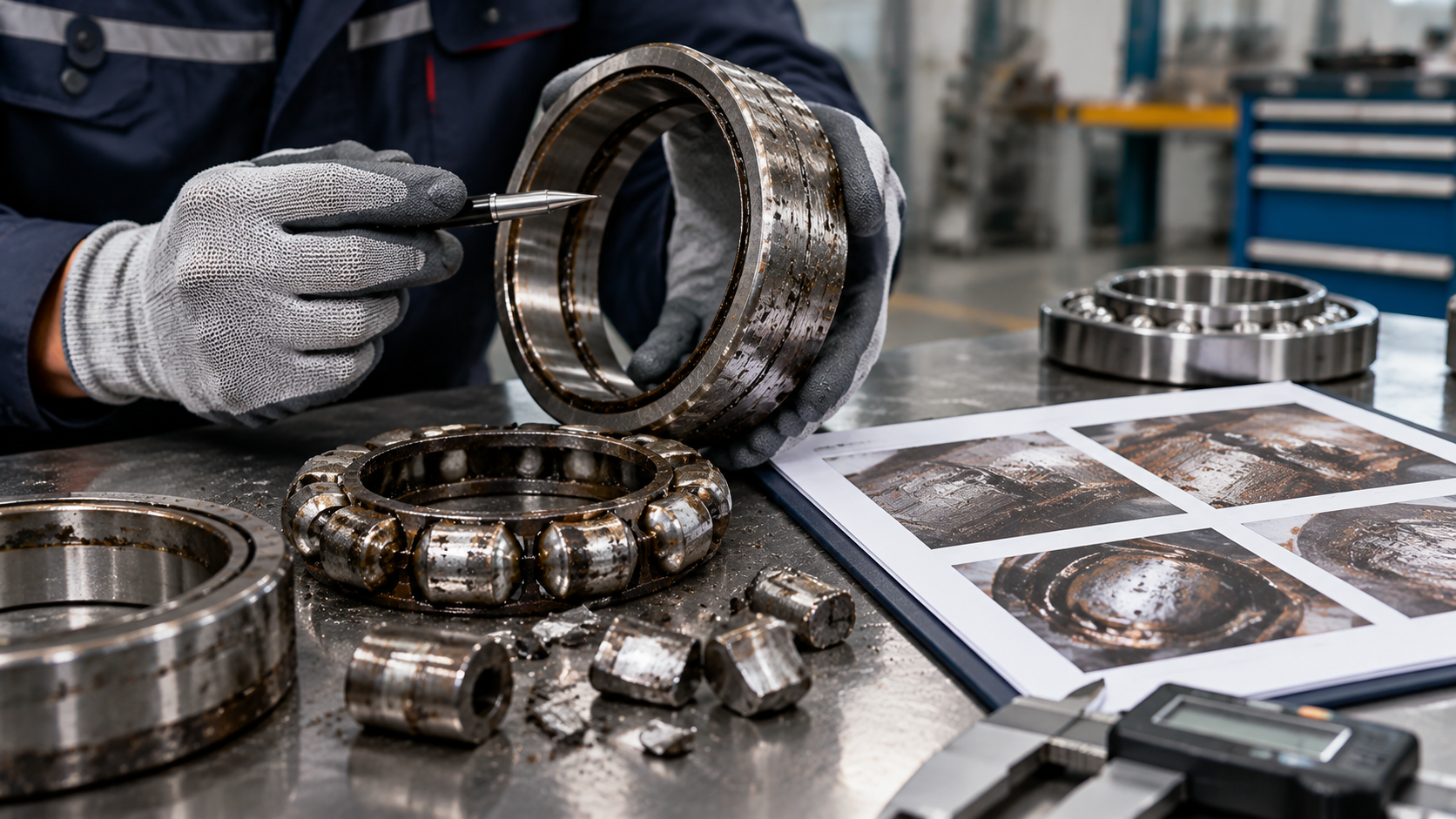 Bearing failure analysis, reading the damage marks on a failed bearing Bearing failure analysis on the bench: a technician measures a failed bearing while the worn rollers and the inspection report sit on the workbench