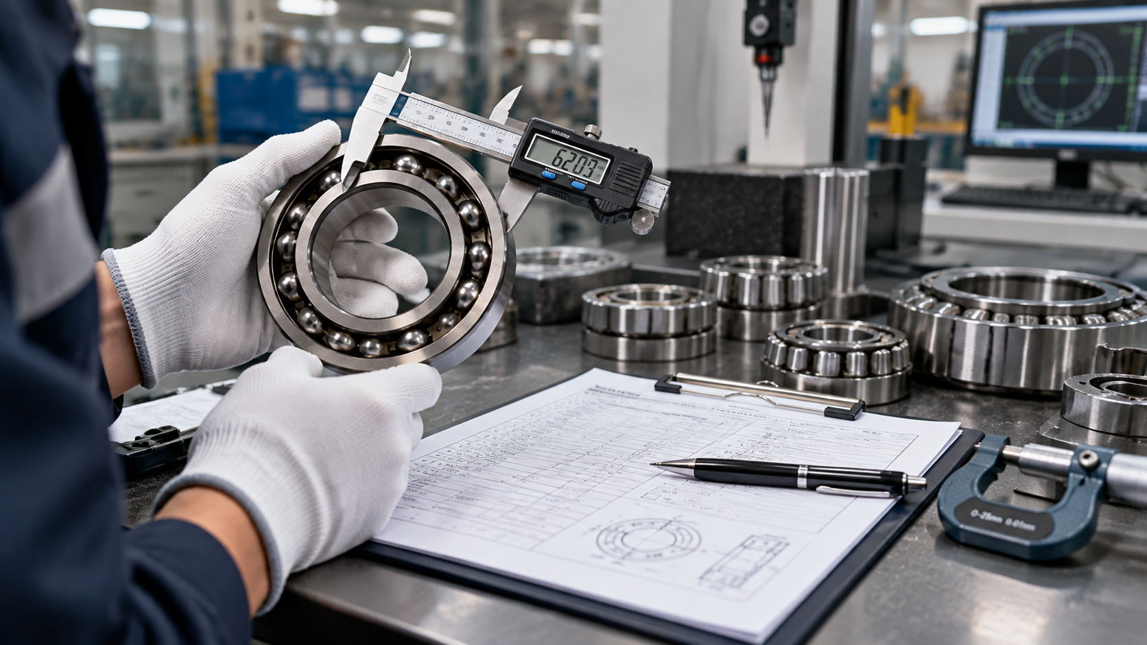 Bearing measured with a digital caliper against an inspection report Technician in gloves measuring a deep groove ball bearing with a digital caliper beside a bearing inspection report sheet