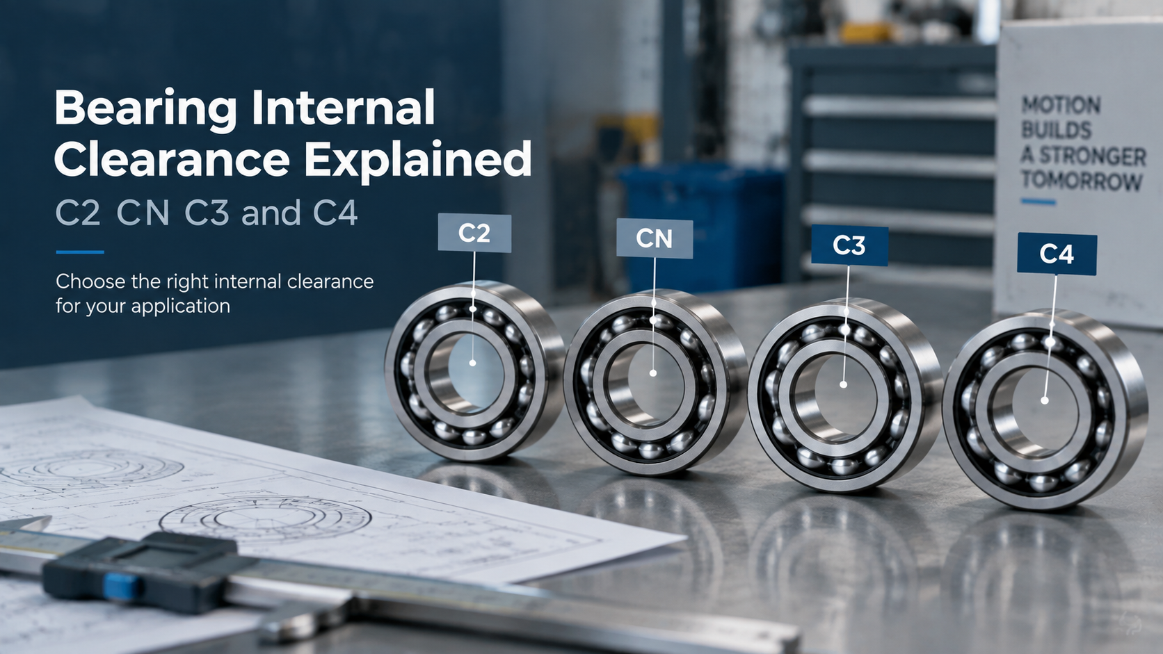 Bearing Internal Clearance Explained C2 CN C3 and C4 Deep groove ball bearings labeled C2, CN, C3 and C4 internal clearance groups with caliper and engineering drawing