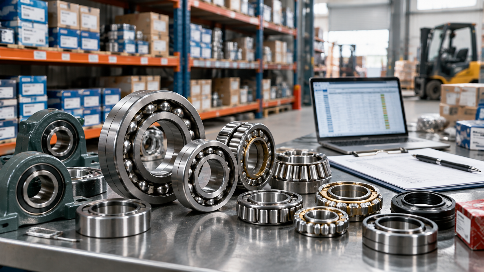 Bearing spares on a warehouse table with a stock spreadsheet Assorted ball and roller bearings on a steel table with a spare parts spreadsheet open on a laptop in a warehouse rack aisle