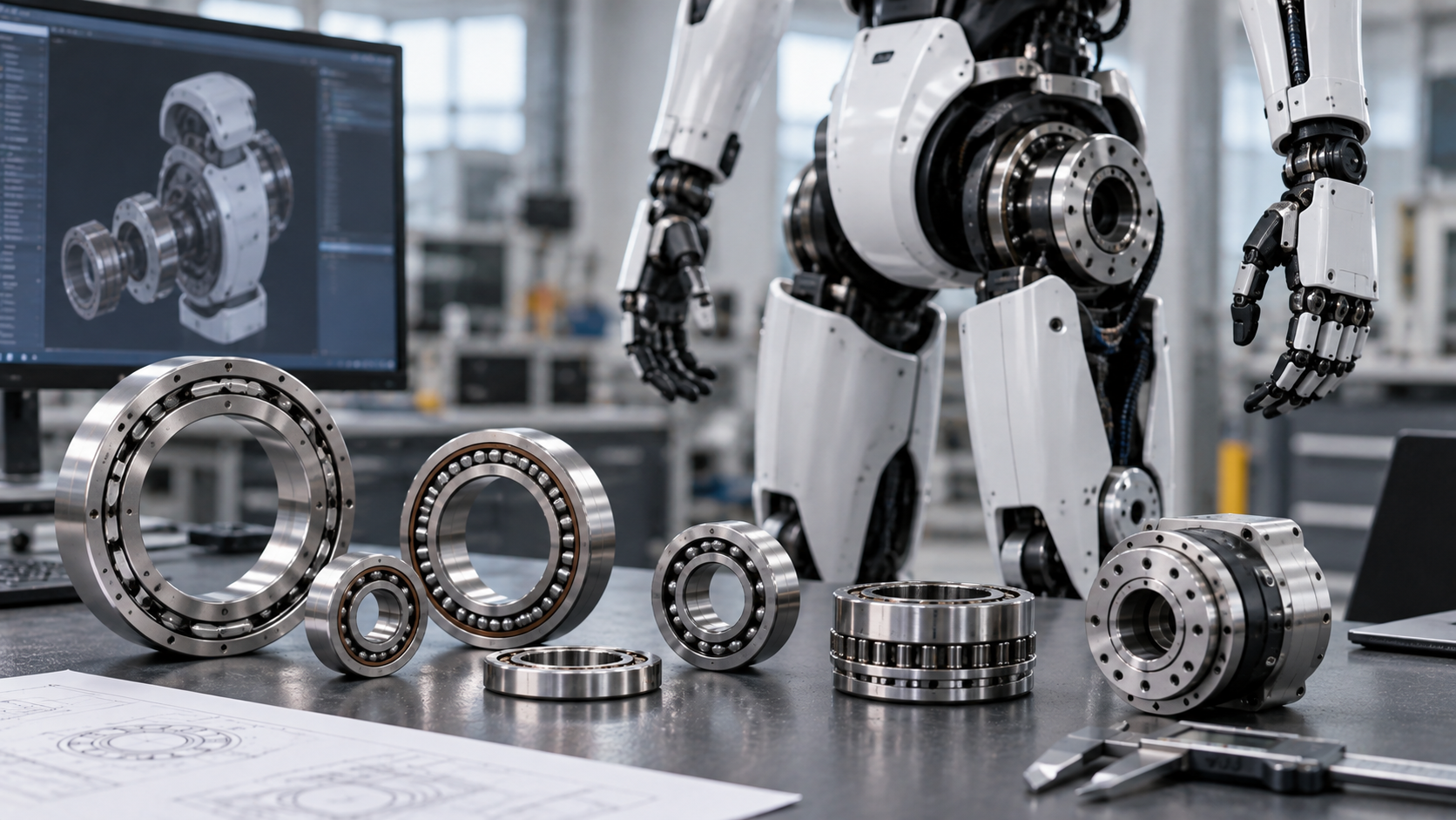 Humanoid Robot Joint Bearings and Actuator Units Humanoid robot standing behind a workbench with ball bearings, a crossed roller bearing and a joint actuator unit