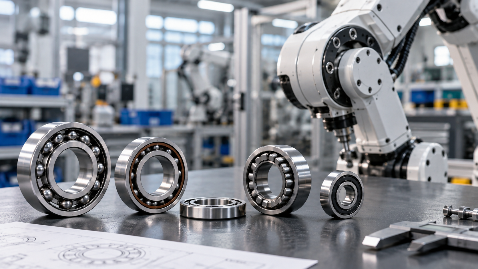 Ball Bearing Types for Robotics Joints Ball bearing types for robotics joints laid out on a workshop bench beside an industrial robot arm and joint housing