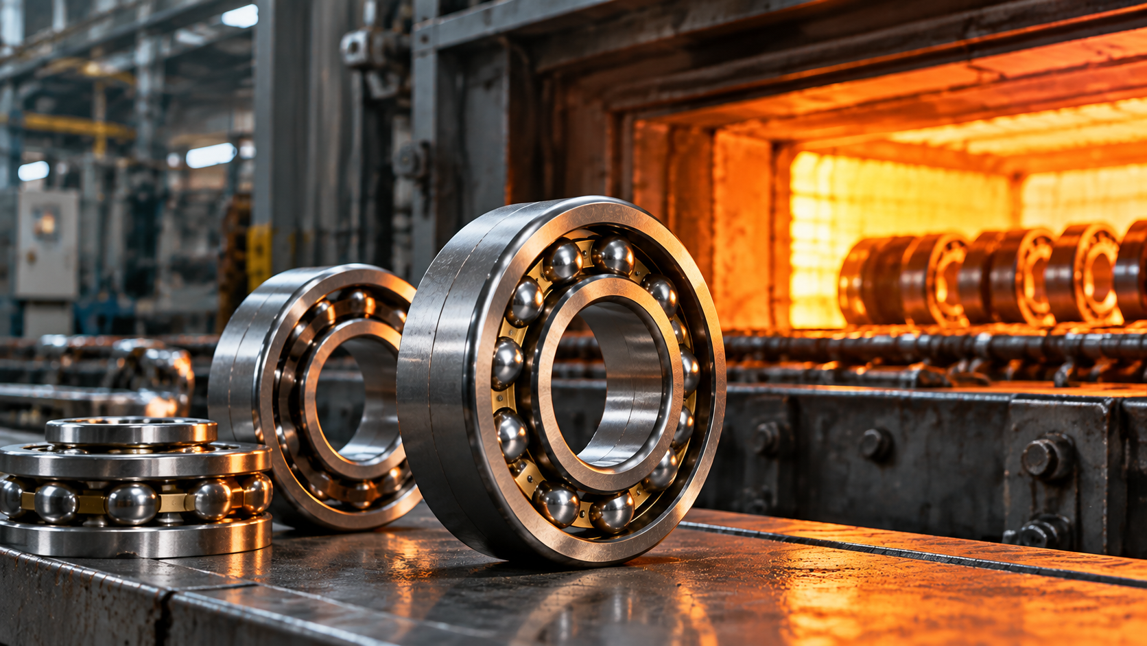 Deep groove ball bearings on a bench beside a hot furnace line Deep groove ball bearings resting on a steel bench in front of a glowing hot furnace line in a bearing plant