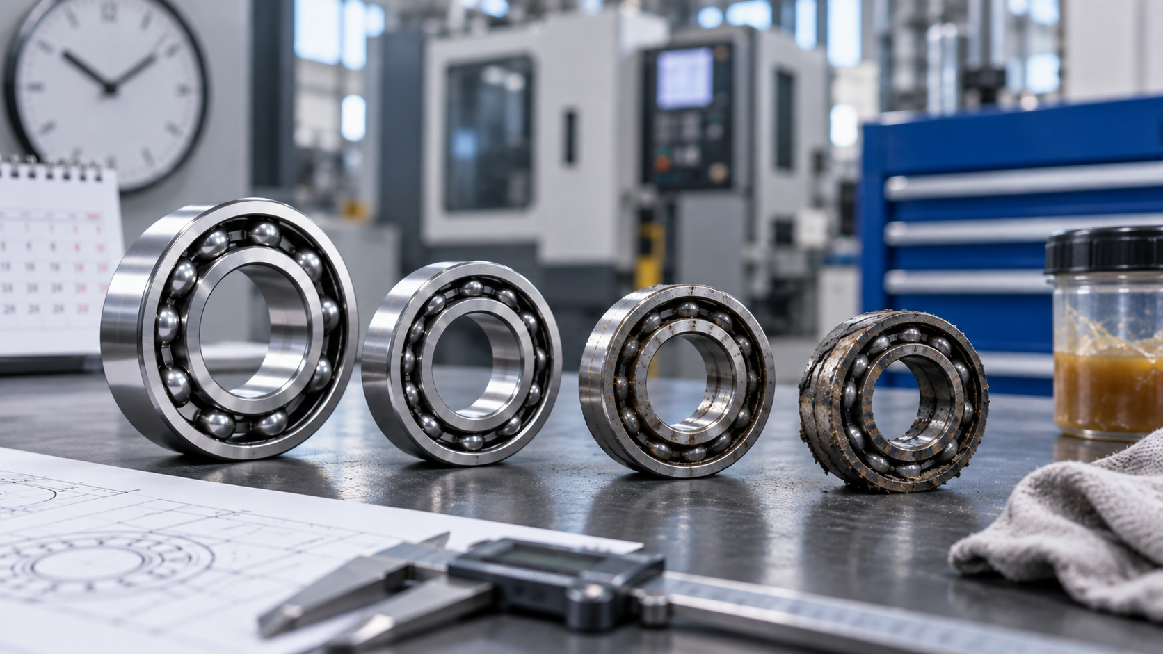 Ball Bearing Wear Stages Over Service Life Four ball bearings at different stages of wear on a workshop bench, from new to grease contaminated, with a clock behind