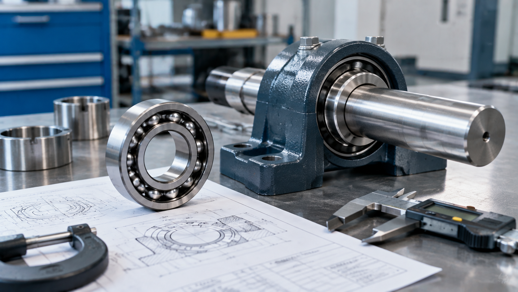 How to Choose Shaft and Housing Fits for Bearings Deep groove ball bearing and shaft-mounted pillow block bearing with micrometer and engineering drawings on a workshop bench