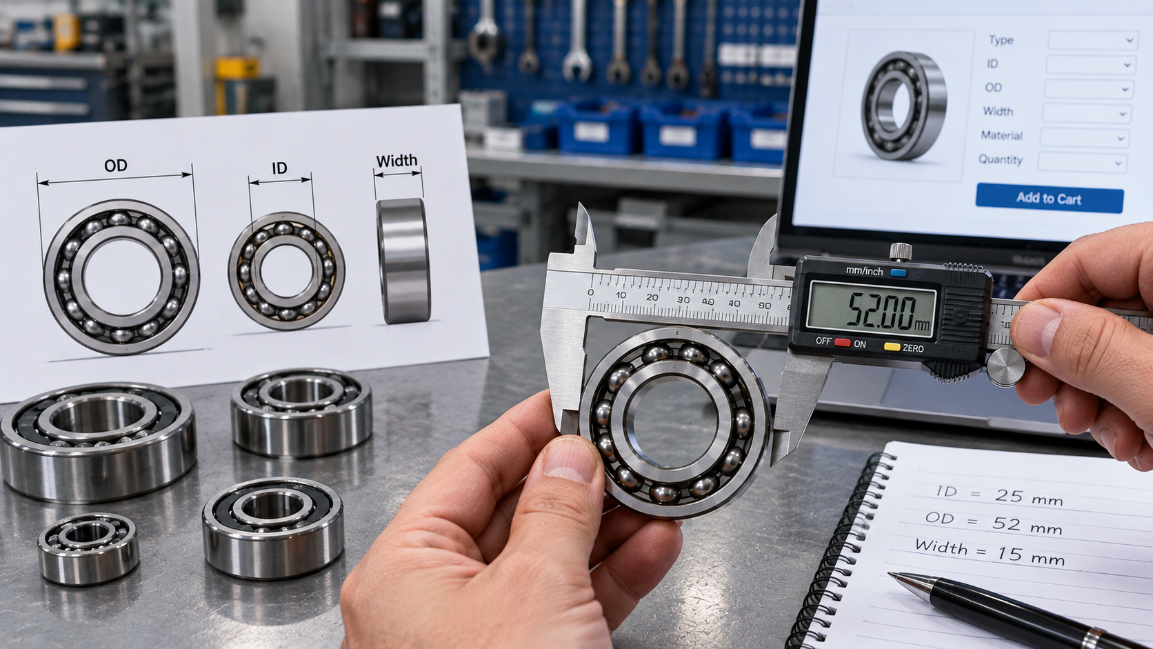 Measuring a Ball Bearing Bore, Outer Diameter and Width Digital caliper measuring a ball bearing to a 52 mm outer diameter, with 25 mm bore and 15 mm width written on a bench notebook