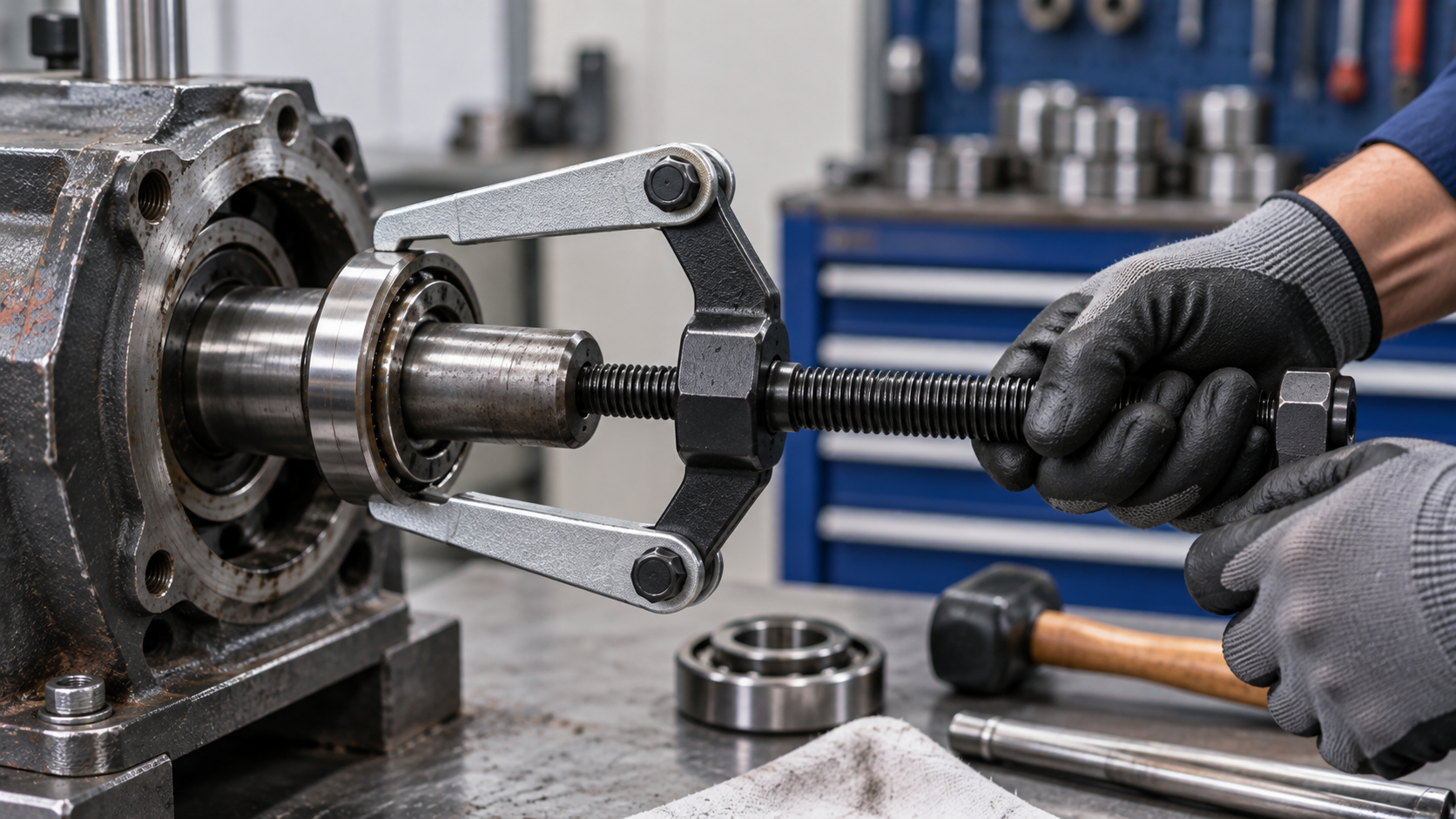 Removing a Bearing From a Shaft With a Puller Technician using a two arm bearing puller to draw a ball bearing off a shaft in a gearbox housing