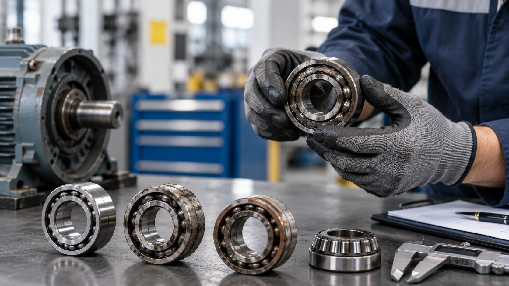 Inspecting a Used Ball Bearing for Wear Technician in gloves inspecting a used ball bearing for wear on a workshop bench with new bearings and a caliper