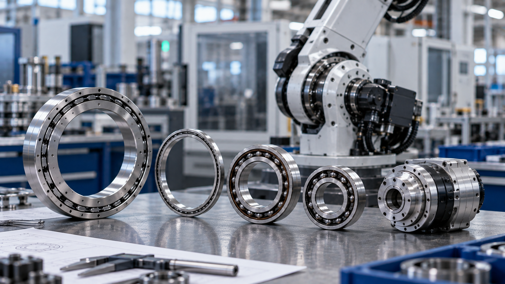 Bearings Used in Robot Joints and Drive Trains Crossed roller bearing rings, deep groove ball bearings and a robot joint actuator arranged on a workbench, with an articulated robot arm and its joint assembly in the background