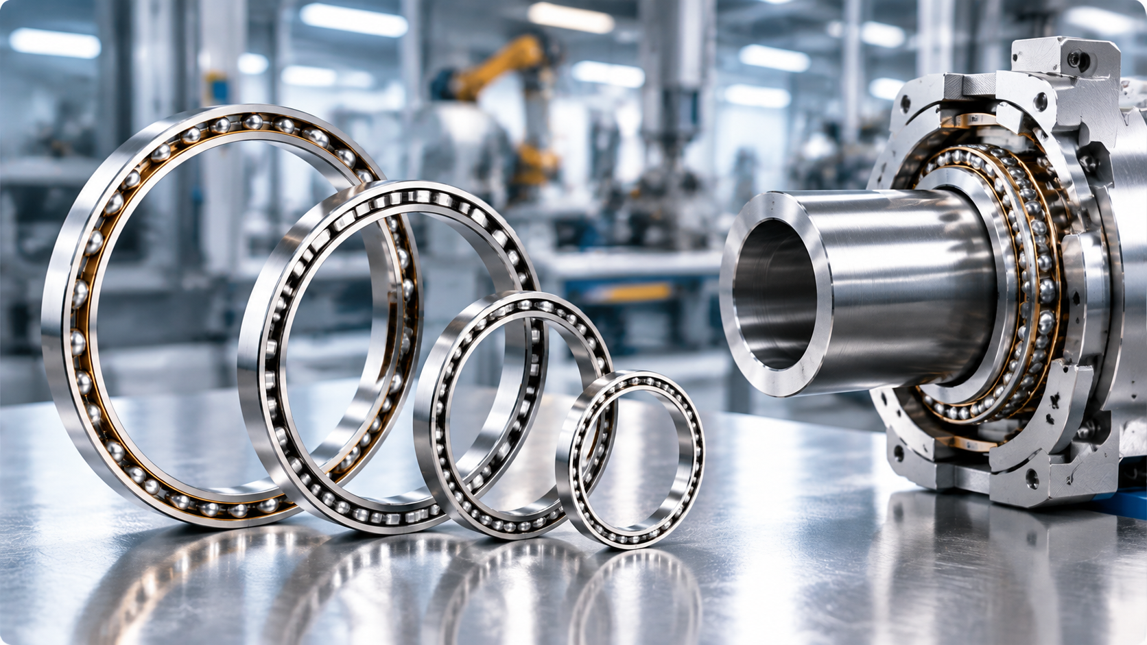 Thin section bearing rings and a hollow shaft assembly Thin section ball bearing rings in a size row beside a hollow shaft housing assembly with a mounted thin section bearing