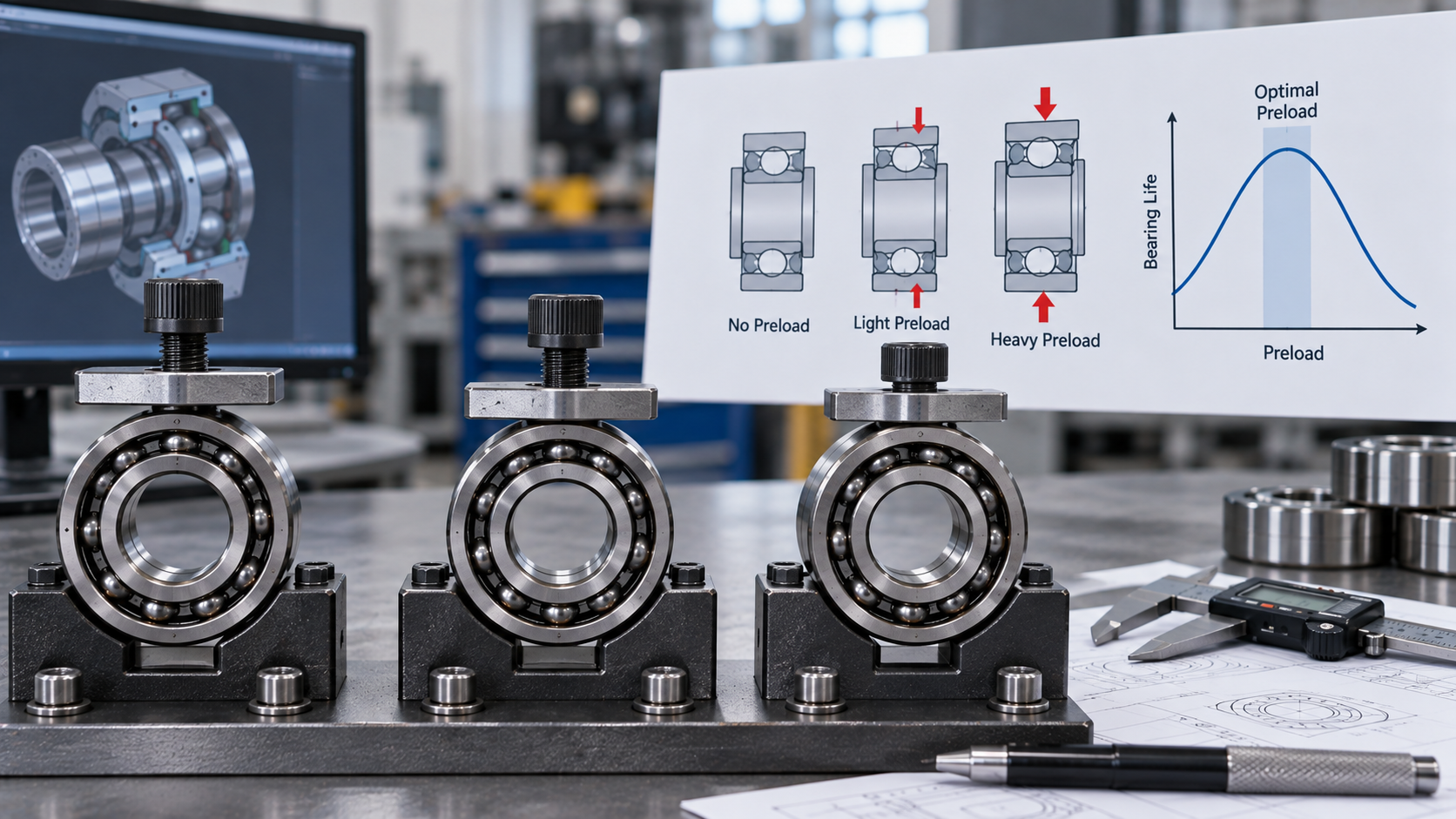 No Preload, Light Preload and Heavy Preload Compared Three deep groove ball bearings clamped in adjustable housings on a bench, next to a wall chart showing no preload, light preload and heavy preload cross sections and a bearing life against preload curve