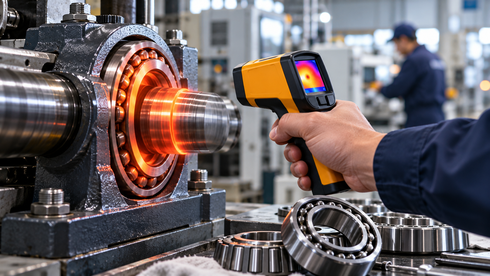 Checking a mounted bearing with a thermal camera Thermal imaging camera checking a mounted bearing for heat on a machine in a bearing plant