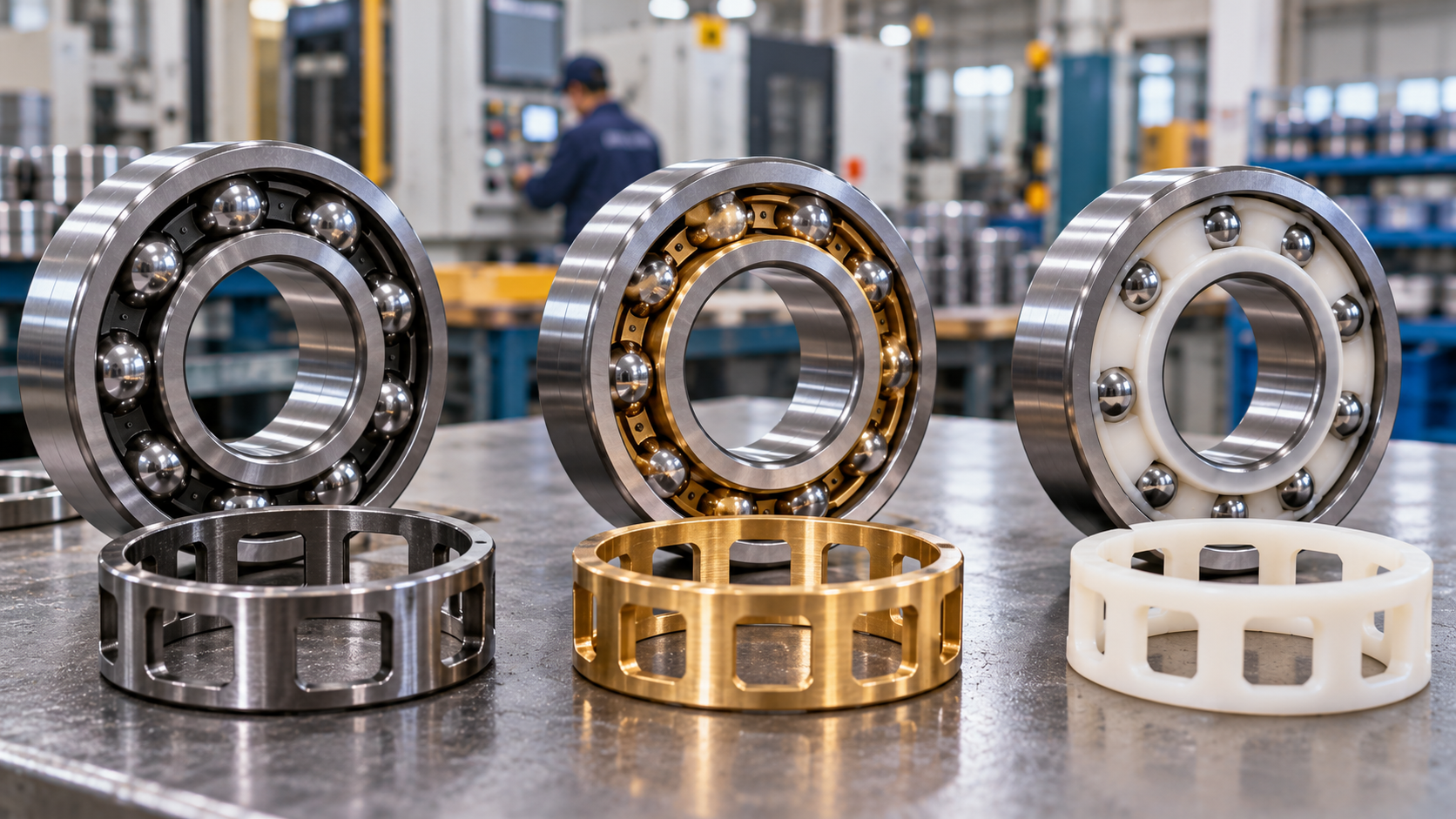 Steel, brass and nylon cages in deep groove ball bearings Three deep groove ball bearings with steel, brass, and nylon cages on a factory workbench