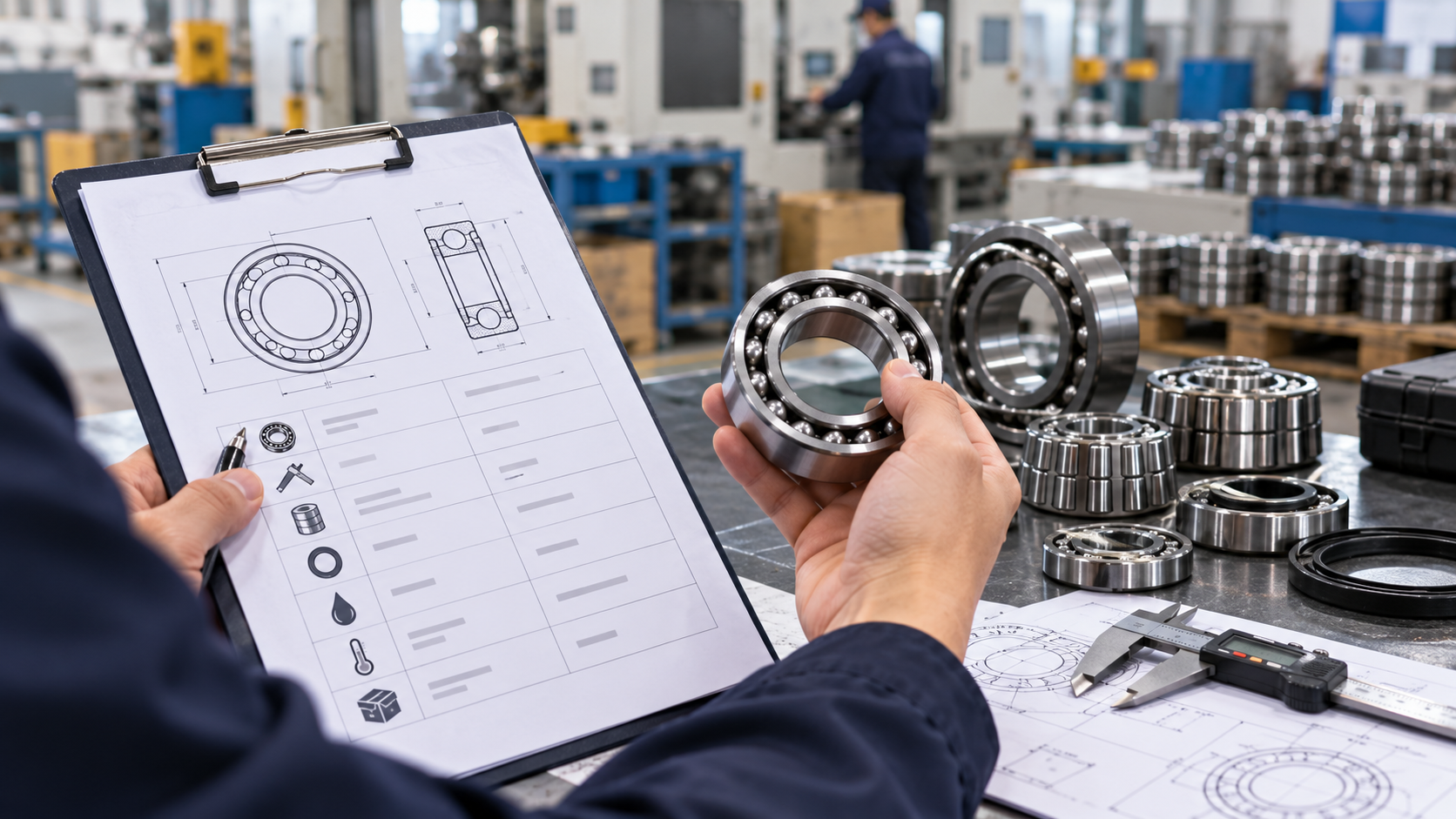 Bearing inquiry checklist with a technical drawing Buyer holding a deep groove ball bearing beside a quotation checklist with a technical drawing in a bearing factory