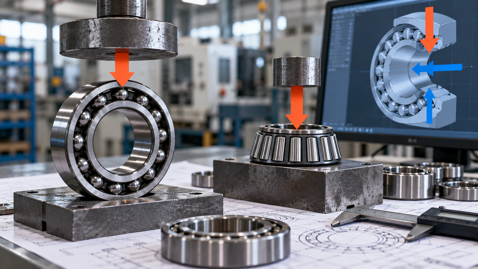 Radial and axial load directions on a bearing Bearings under applied load on a test bench with radial and axial load directions shown on a CAD screen