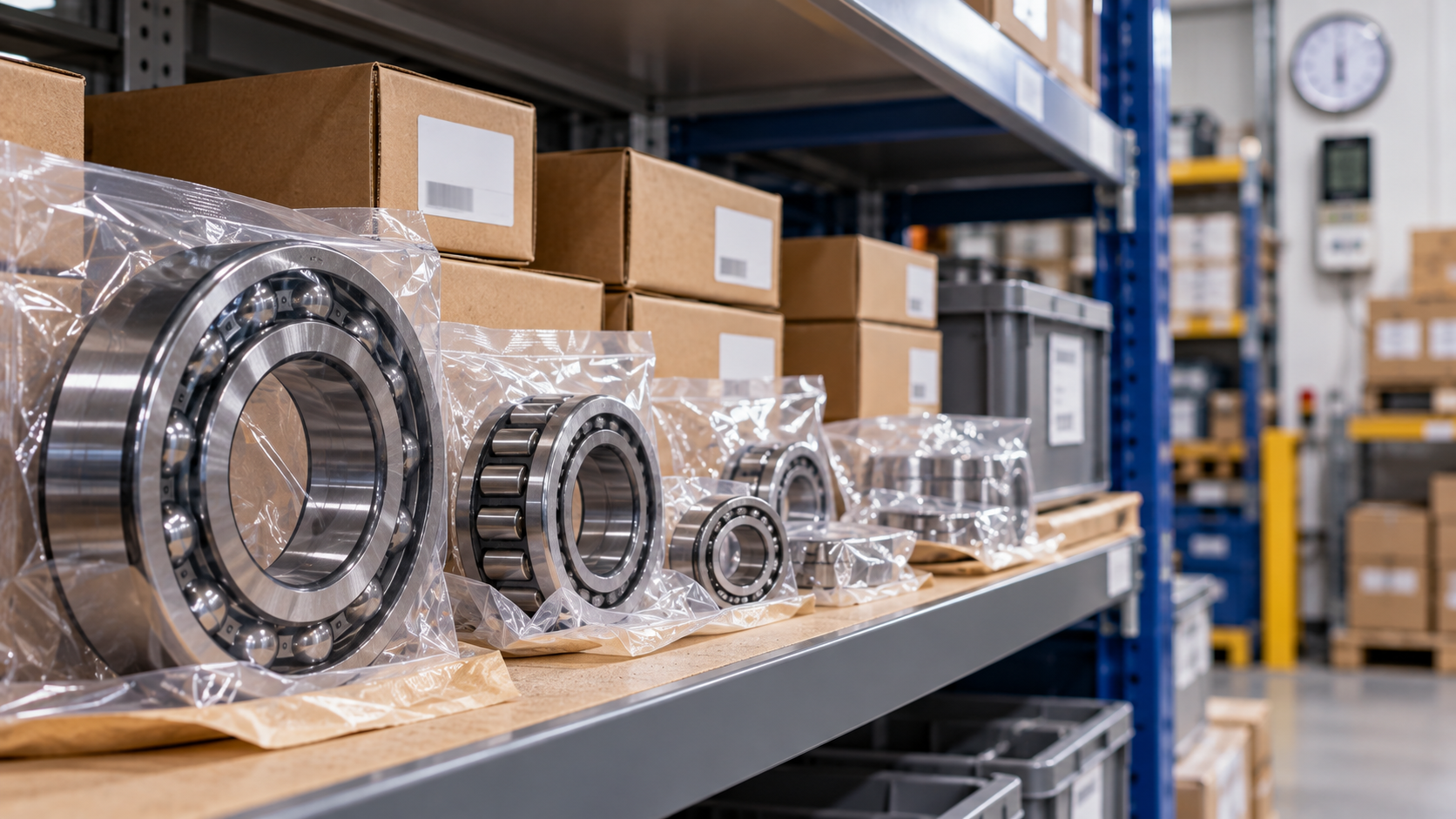 Storing bearings sealed on a dry warehouse shelf Deep groove ball bearings sealed in plastic bags on a dry warehouse shelf with boxed stock behind