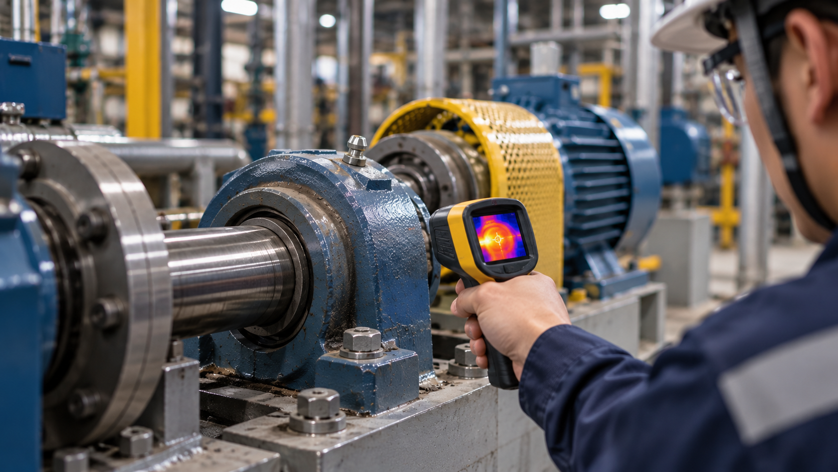 Checking bearing temperature with a thermal camera Technician checking bearing temperature with a thermal imaging camera on a pillow block housing in an industrial plant