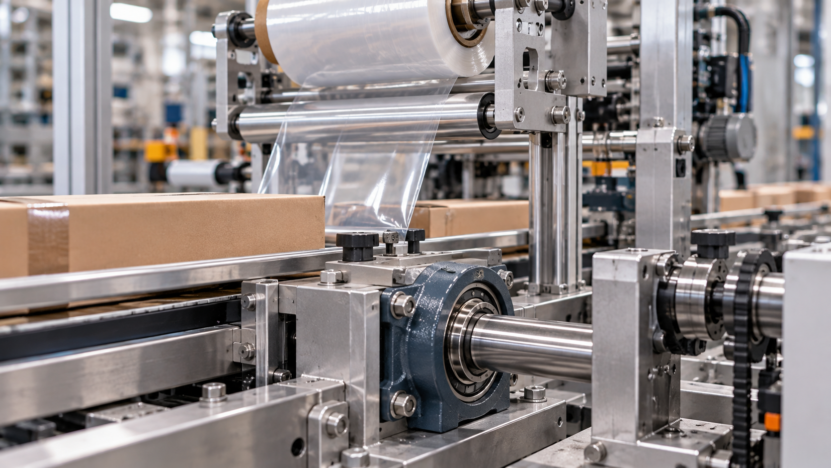 Bearings in a packaging machine wrap station Mounted bearings driving the shaft of an automatic film wrapping machine on a packaging line