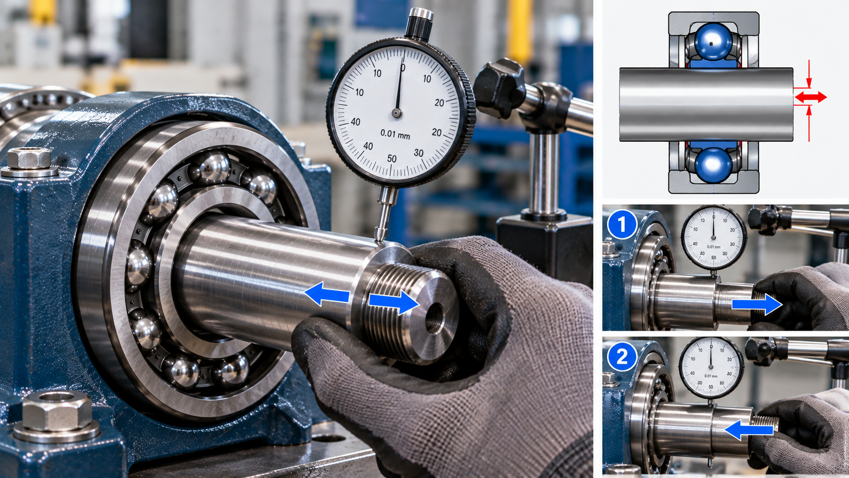 Measuring axial clearance with a dial indicator Dial indicator measuring axial clearance on a deep groove ball bearing as the shaft is pushed and pulled