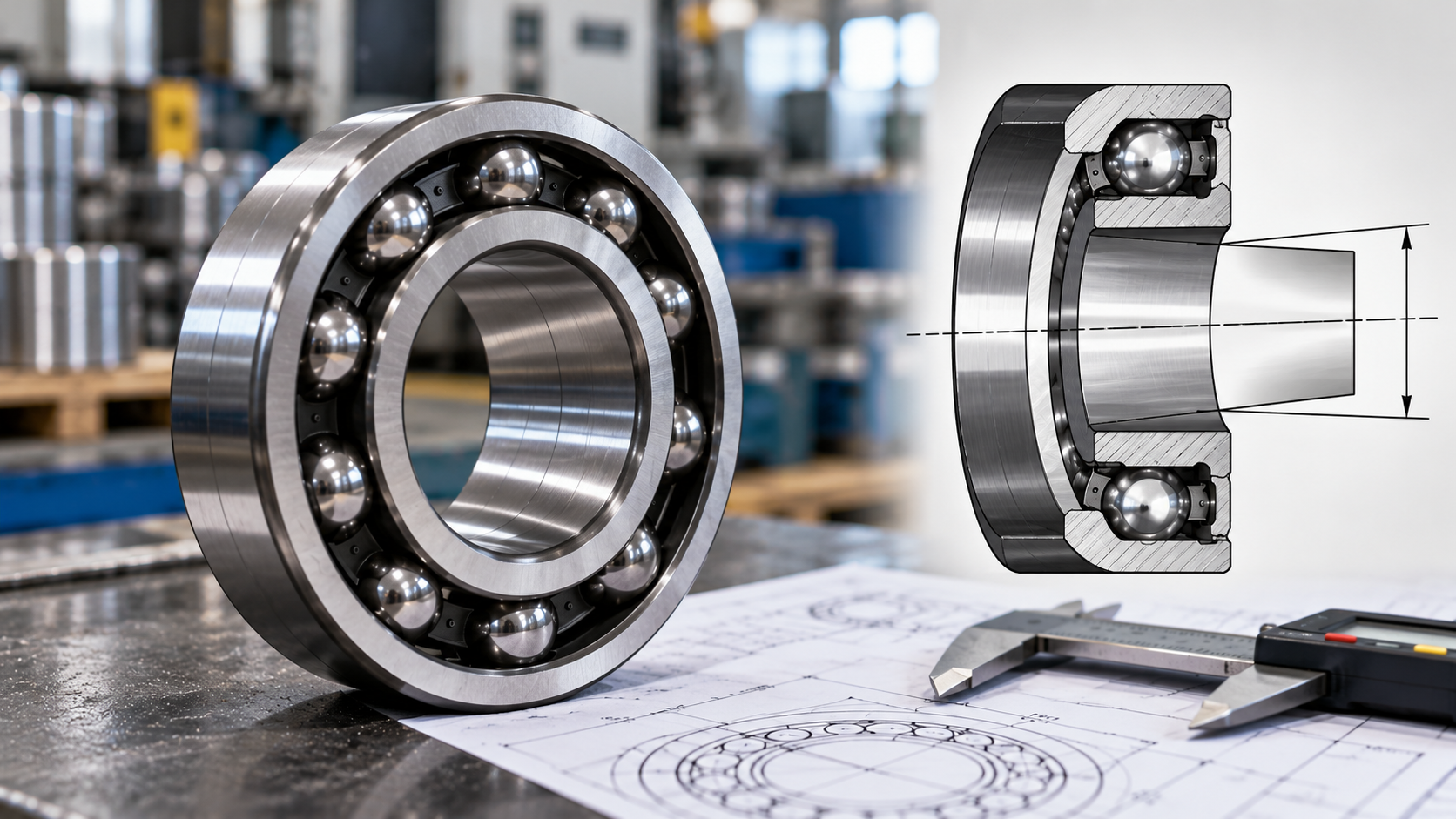 Tapered bore in a deep groove ball bearing Deep groove ball bearing with a tapered bore beside a cutaway showing the 1 to 12 taper on a technical drawing