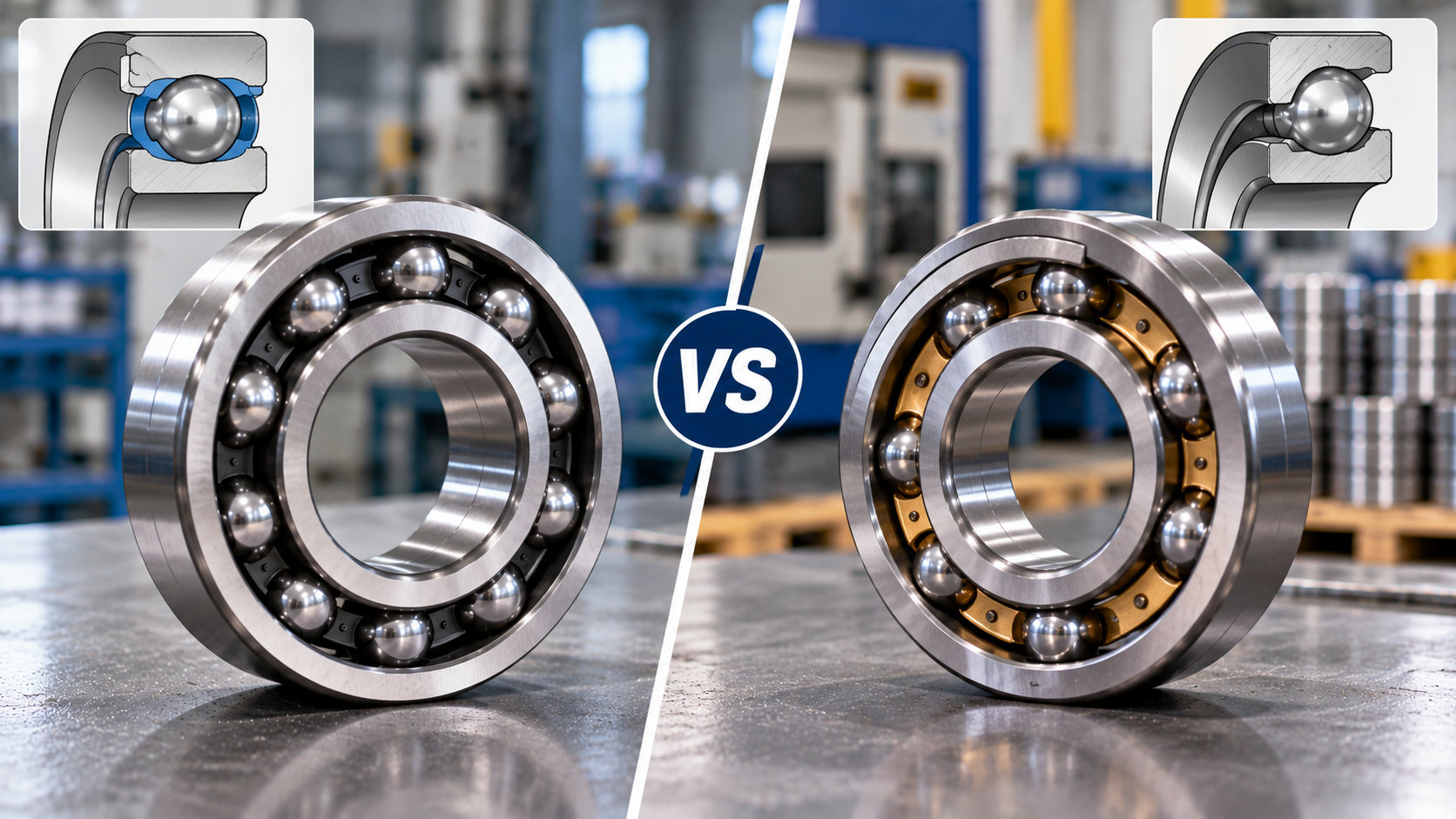 Deep groove ball bearing compared with an angular contact bearing Deep groove ball bearing and an angular contact ball bearing side by side with cutaway raceway diagrams