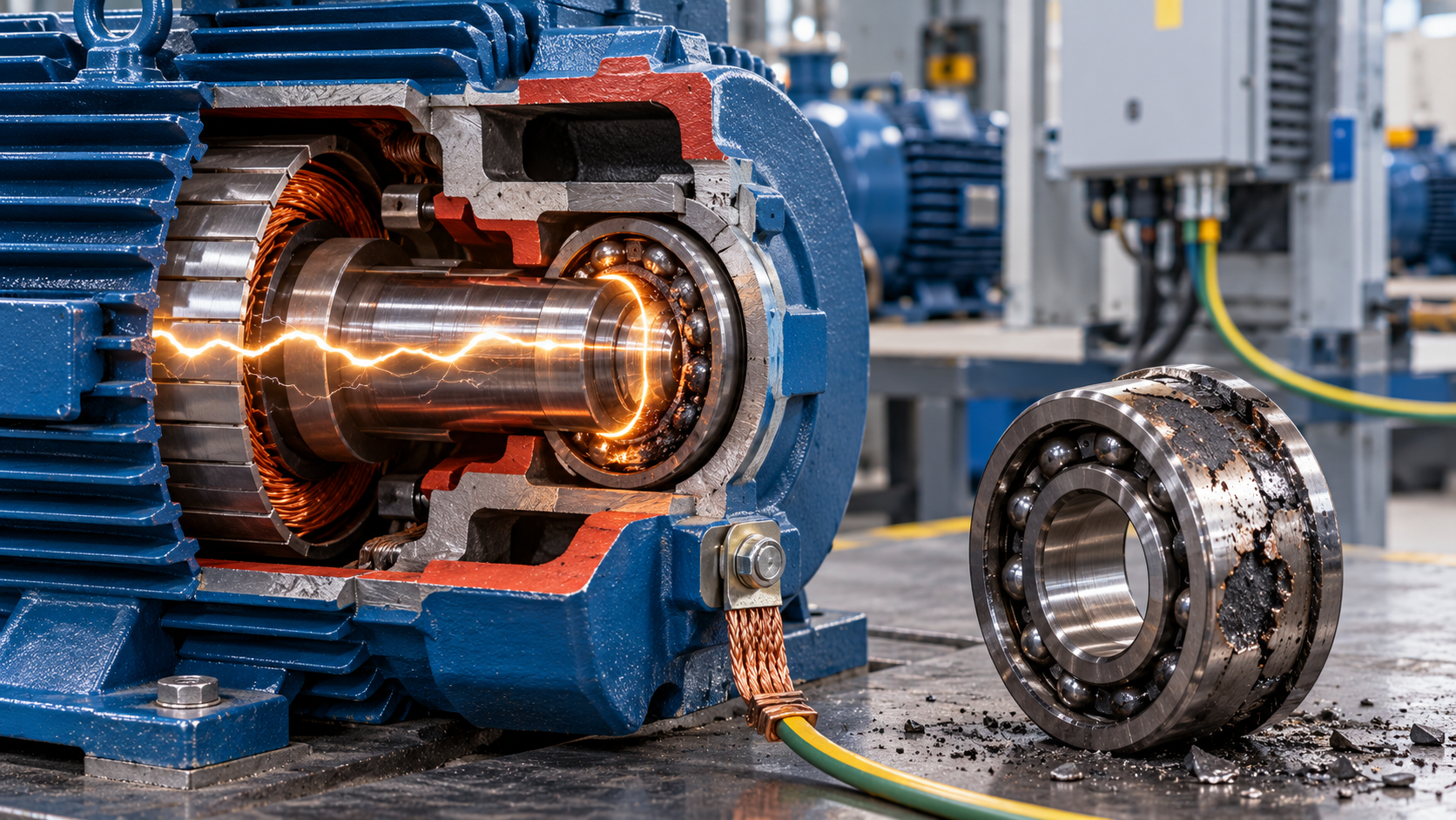 Shaft current damage in an electric motor bearing Cutaway of an electric motor showing shaft current arcing through a bearing beside a damaged bearing with electrical pitting