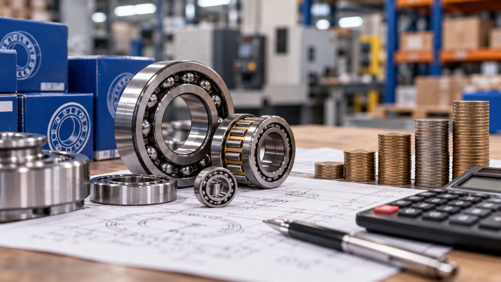 What drives the price of a bearing Deep groove ball bearings on a technical drawing beside stacks of coins and a calculator at a bearing factory