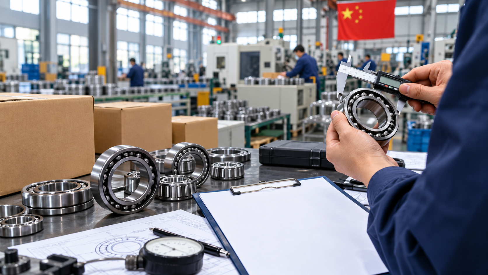 Inspecting a deep groove ball bearing before shipment Inspector measuring a deep groove ball bearing with a digital caliper during a quality check at a bearing factory in China